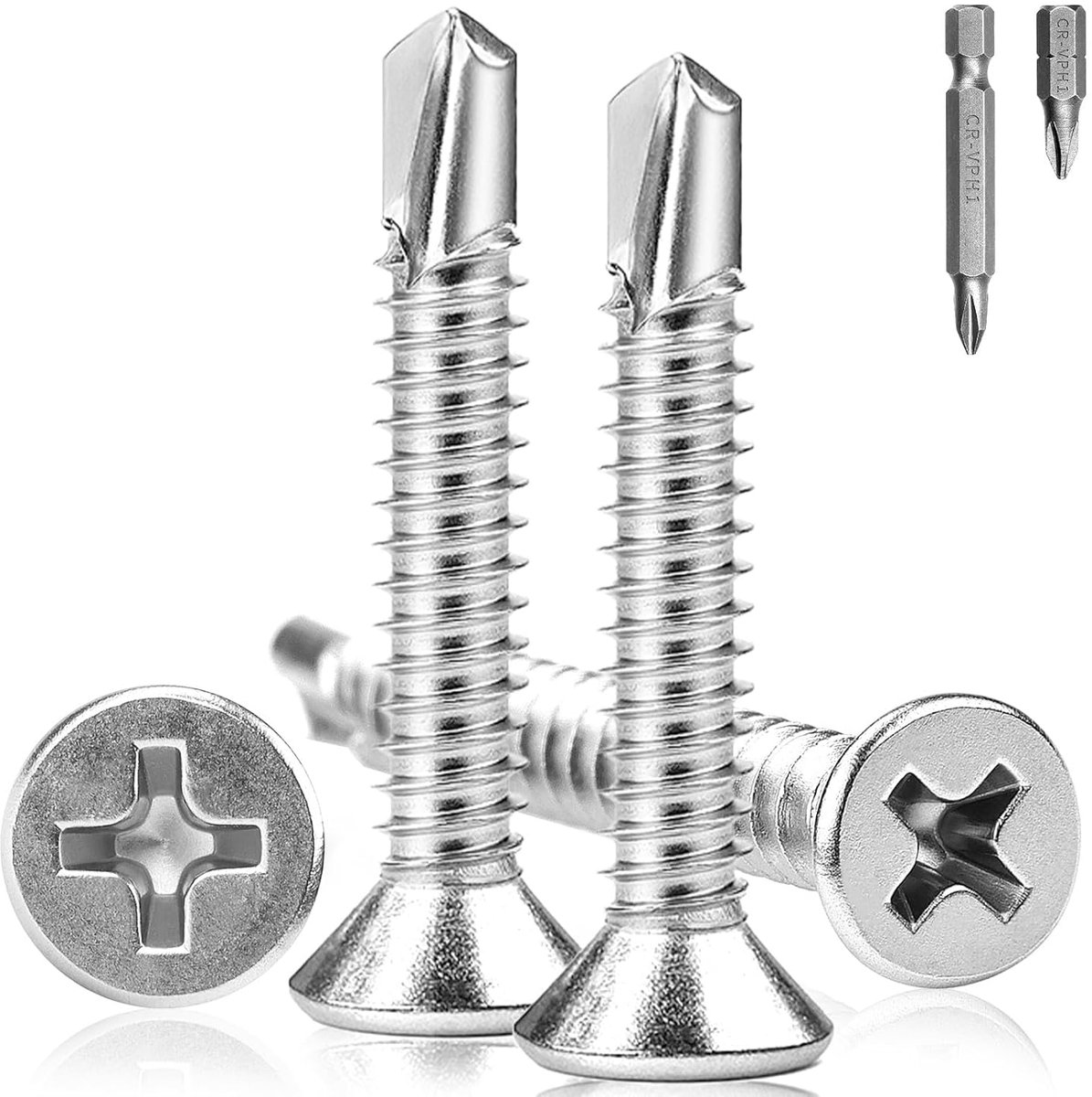 SnelShoppen - Pack van 160 Zelftappende Schroeven M4.2 x 25 mm, Countersunk Head, RVS 410, Metalen Schroeven met Twee PH1 Bits, Perfect voor Klussen e