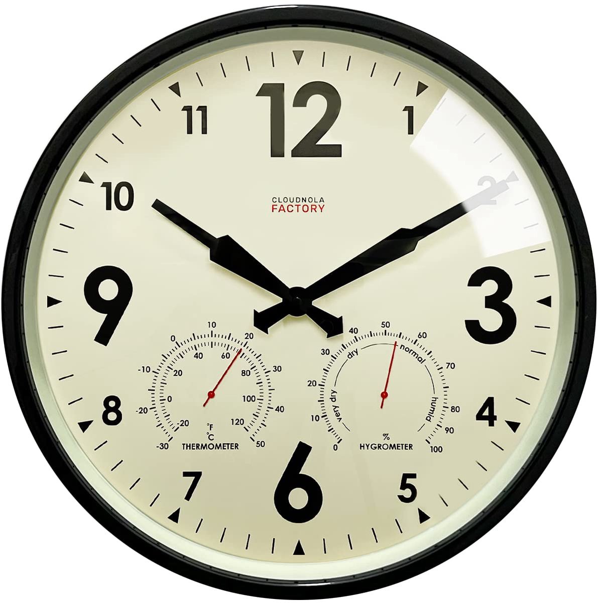 SnelShoppen - Waterdichte Metalen Wandklok voor Binnen en Buiten met Thermometer en Hygrometer - Stil, Niet-Tikkende Kwarts Klok - Zwart, 30,5 cm voor