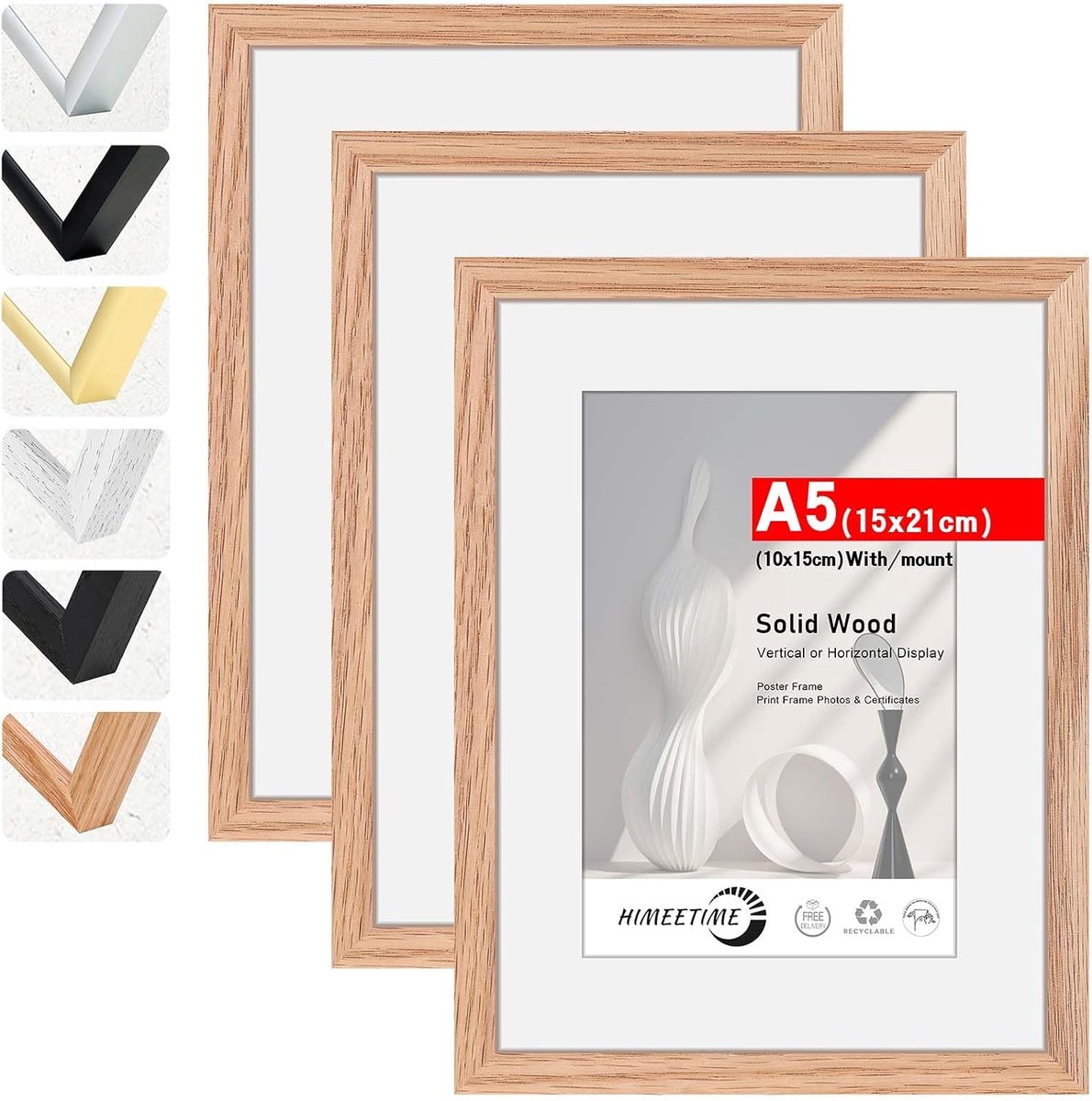 SnelShoppen - 3x Houten Fotolijsten DIN A5 15x21 cm - Massief Eiken Houten Fotolijsten - Natuurlijke Kleur - Ideaal voor Wanddecoratie en Tafeldecorat