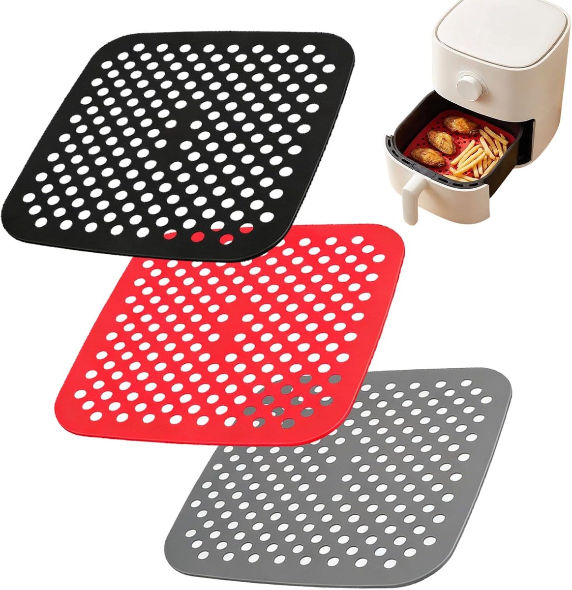 SnelShoppen - Air Fryer Mat van Siliconen, 3 Stuks, Herbruikbaar en Geperforeerd, Vervanging voor Bakpapier in Luchtfriteuse, Ideaal voor Keuken en St