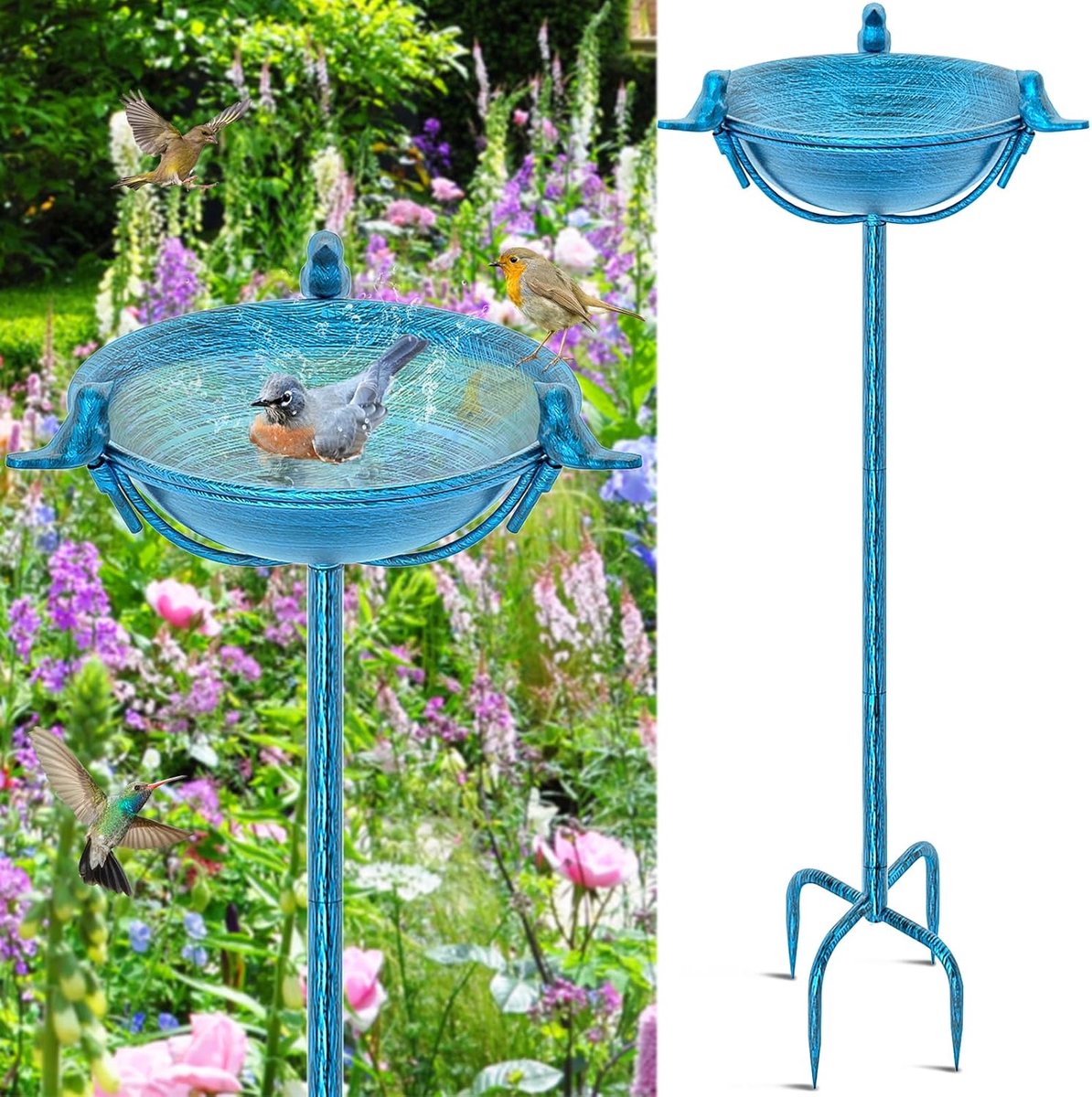 SnelShoppen - Metal Garden Bird Bath met 3 Schattige Vogel Sculpturen - Retro Blauwe Vogelbad voor Tuin, Balkon of Bloembedden - 120 cm x 26 cm Water