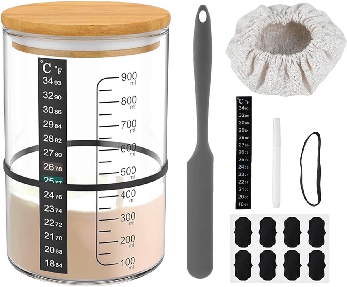SnelShoppen - Sourdough Starter Set 900ml - Leaven Glazen Pot met Houten Deksel, Silicone Spatel, Thermometer Papier, Fermentatie Doek - Herbruikbare