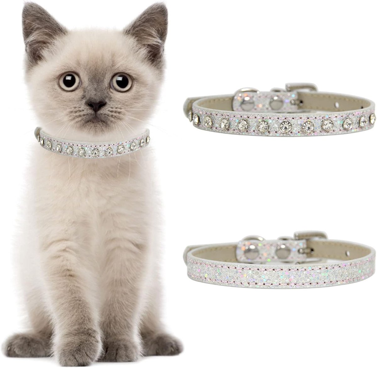 SnelShoppen - 2 Stuks Leer Rhinestone Kattenhalsband met Bel - Veilig en Verstelbaar - Bling Halsband voor Kleine Honden en Katten - Zilver