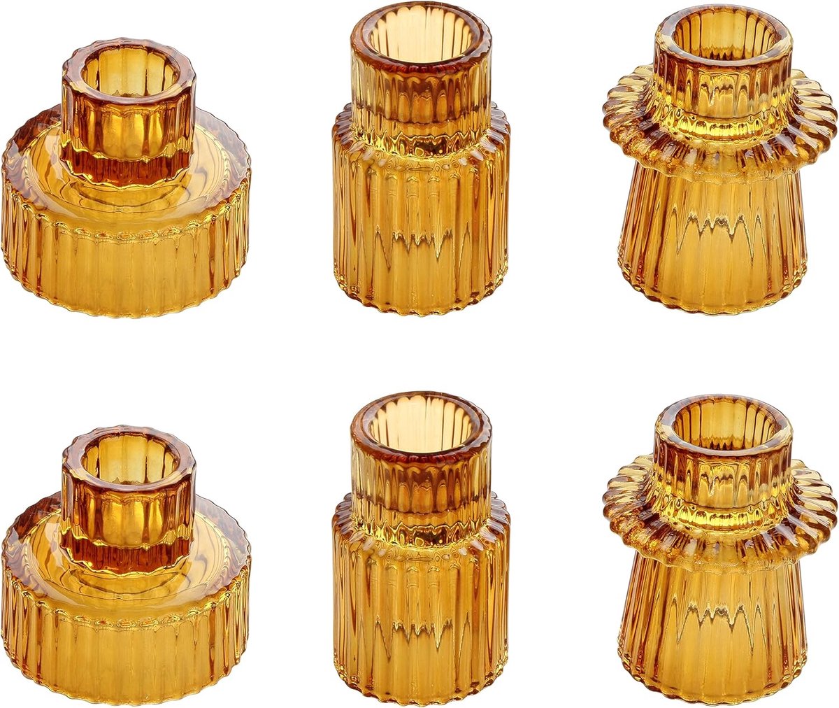 SnelShoppen - 6 Stuks Amber Glazen Kaarsenhouder - 2-in-1 Tealight en Taper Candle Holder - Modern Design voor Diner, Bruiloft, Feestdagen, Thuisdecor