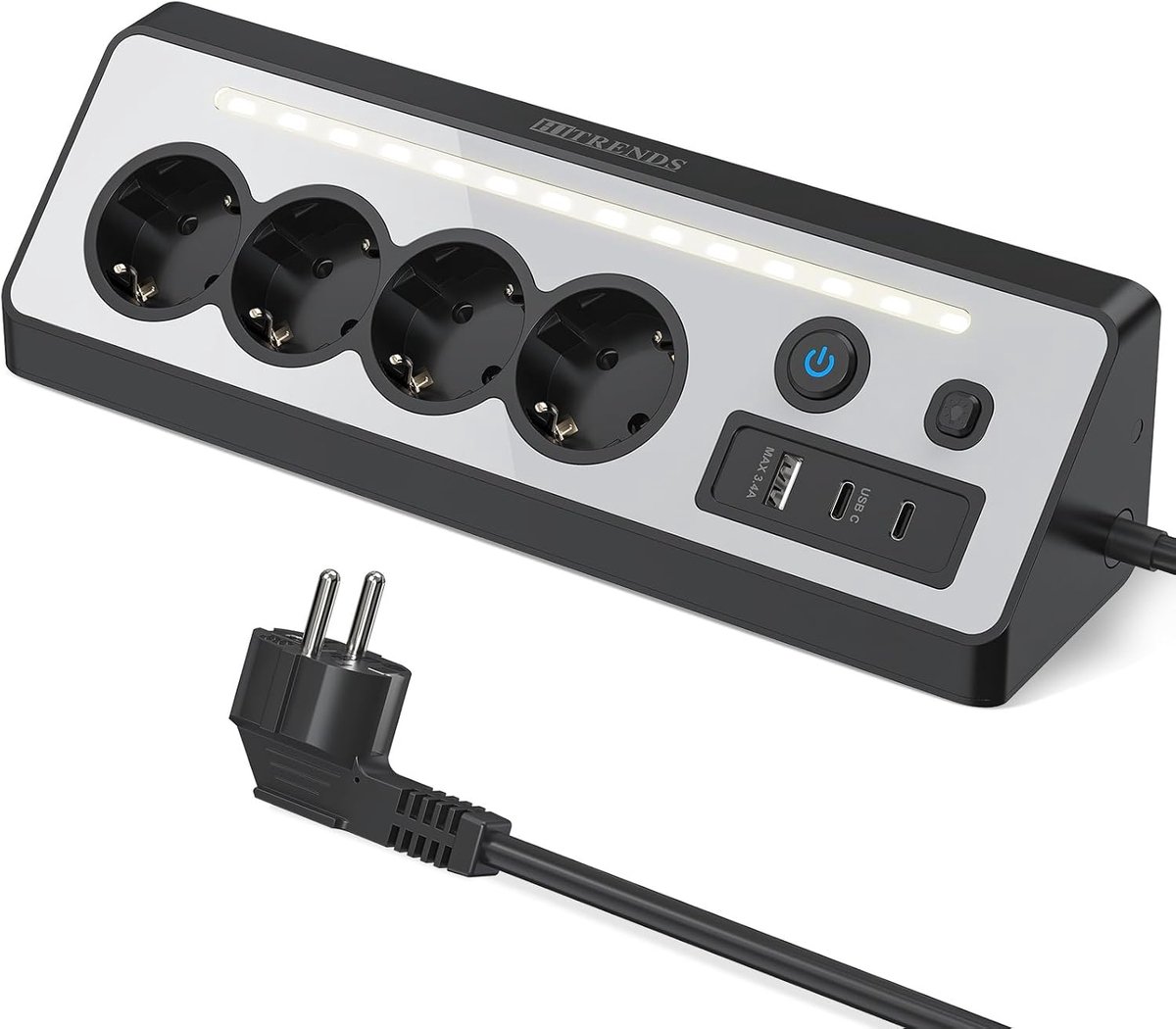 SnelShoppen - 4-Way Hoekstopcontact met 3 USB Poorten, Bureau Stopcontact met USB C, 2 m Kabel, Zwart, Ideaal voor Thuis en Kantoor