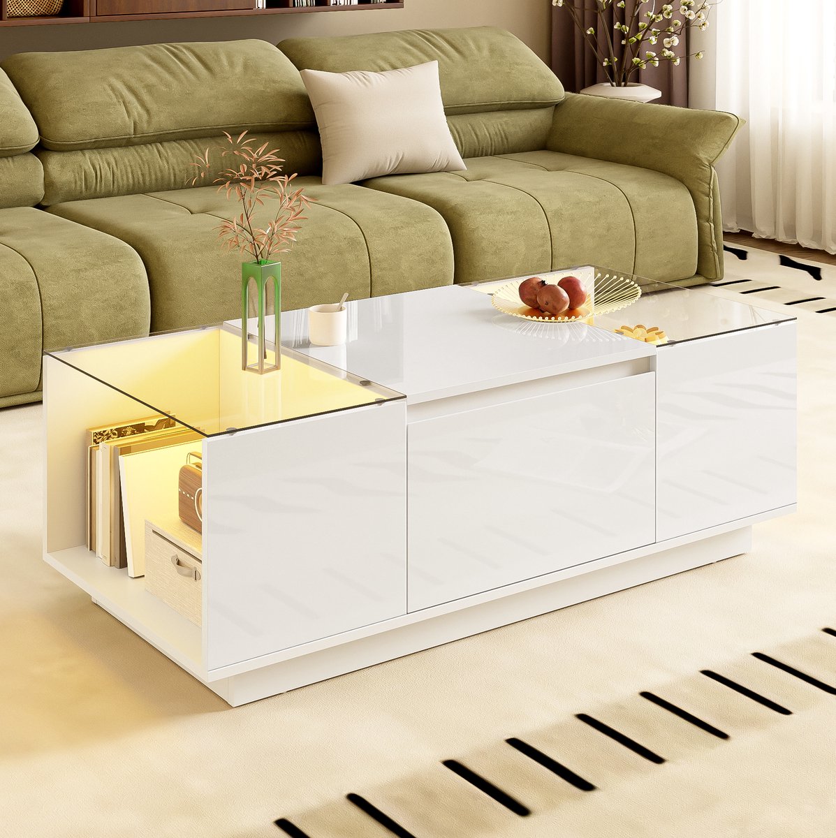 COVREO Salontafel 105x50x35 cm - wit, glazen blad, 2 lades en LED-verlichting