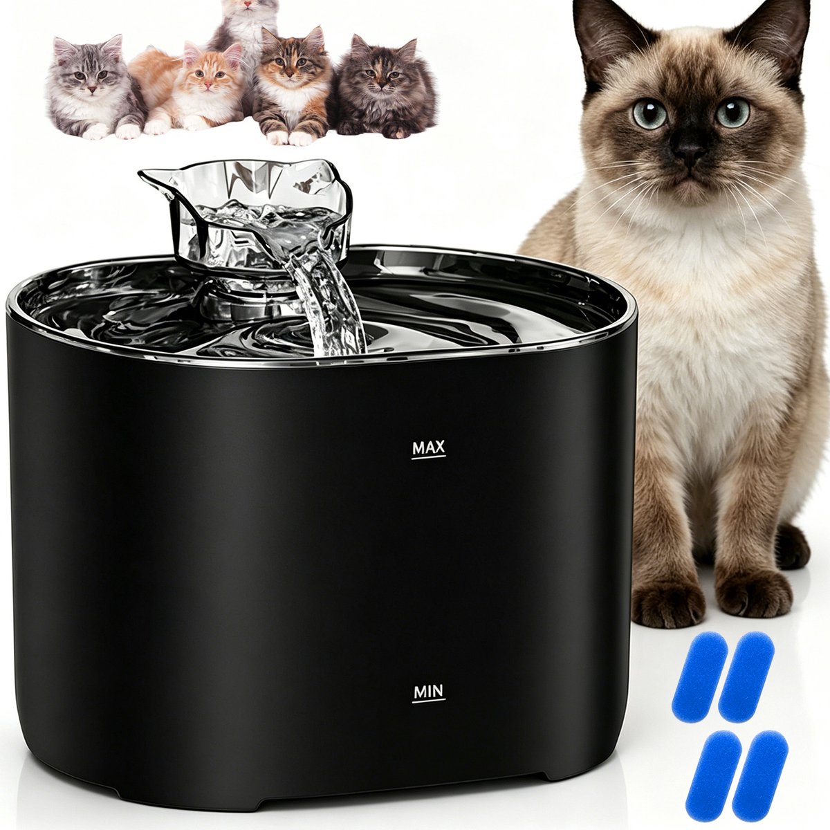 Drinkfontein Kat - 2.2 L Waterdispenser - Laagwaterbeveiliging - Incl 4 Filters - Stroomend Water - Waterfontein Huisdieren - USB - Voor Katten en Kleine Honden