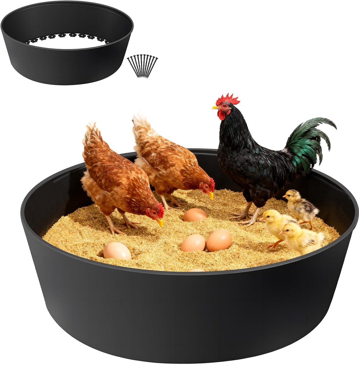 SnelShoppen - Chicken Dust Bath voor Kippen - Zandbad met Diameter 60 cm en Hoogte 15 cm - Robuuste PE Kunststof - Inclusief 10 Nagels - Verstelbaar e