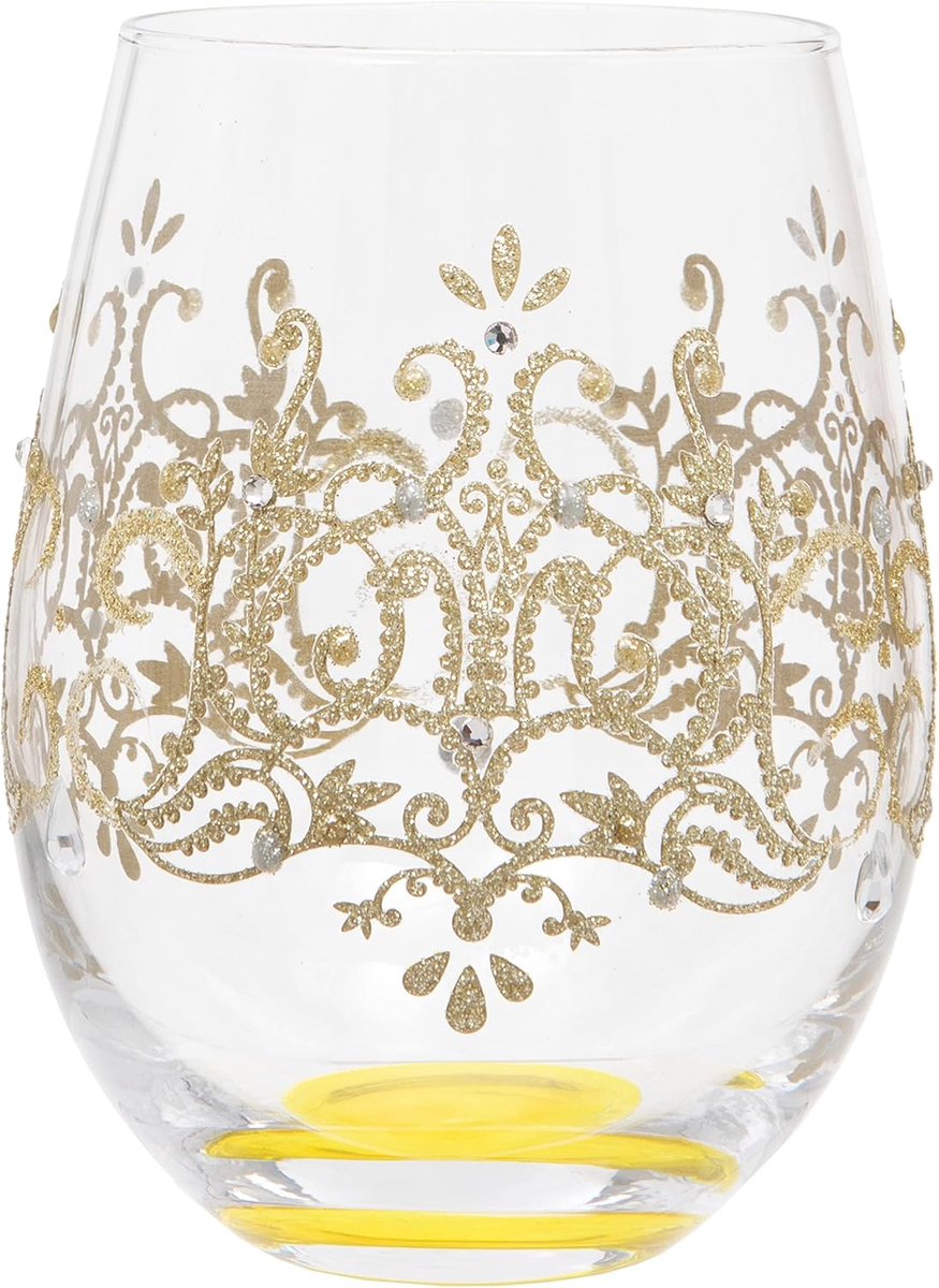 SnelShoppen - Handgeschilderde Gouden Flock Patroon Stamloze Wijnglas 530ml - Luxe Cadeau Verpakking voor Feest, Diner, Verjaardag, Koken, Wijnliefheb