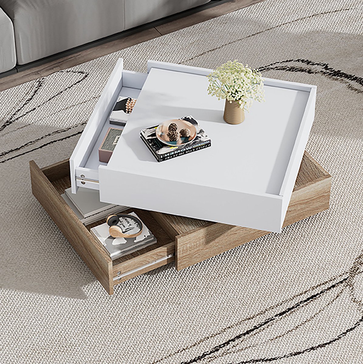 COVREO Salontafel 60x60x38 cm – wit en walnoot, 360° draaibaar tafelblad, 2 laden