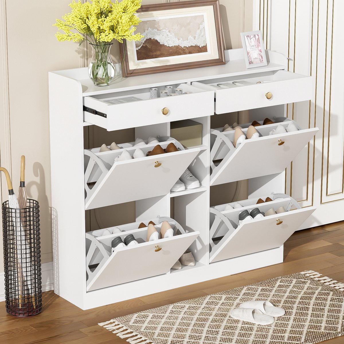 COVREO Schoenenkast 110 x 26 x 100 cm wit spaanplaat met 4 kleppen, 2 lades en 3 open vakken