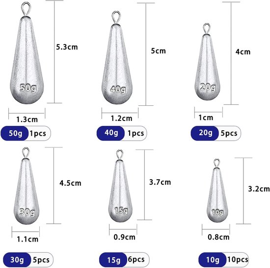 SnelShoppen - 28Pcs Zeevis Gewichten Set - Lood Gewichten voor Zoutwater en Zoetwater, Diverse Herbruikbare Rotatie Zinkers 10g/15g/20g/30g/40g/50g — afbeelding 5