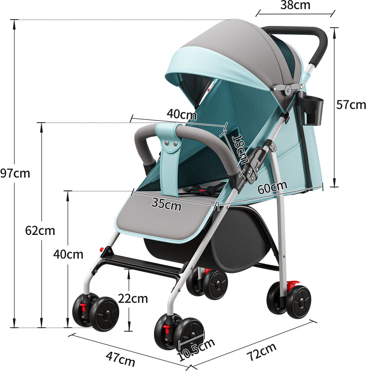 PIPIPOXER Opvouwbare Buggy met Zon- en Regenhoes Lichtblauw - afbeelding 2