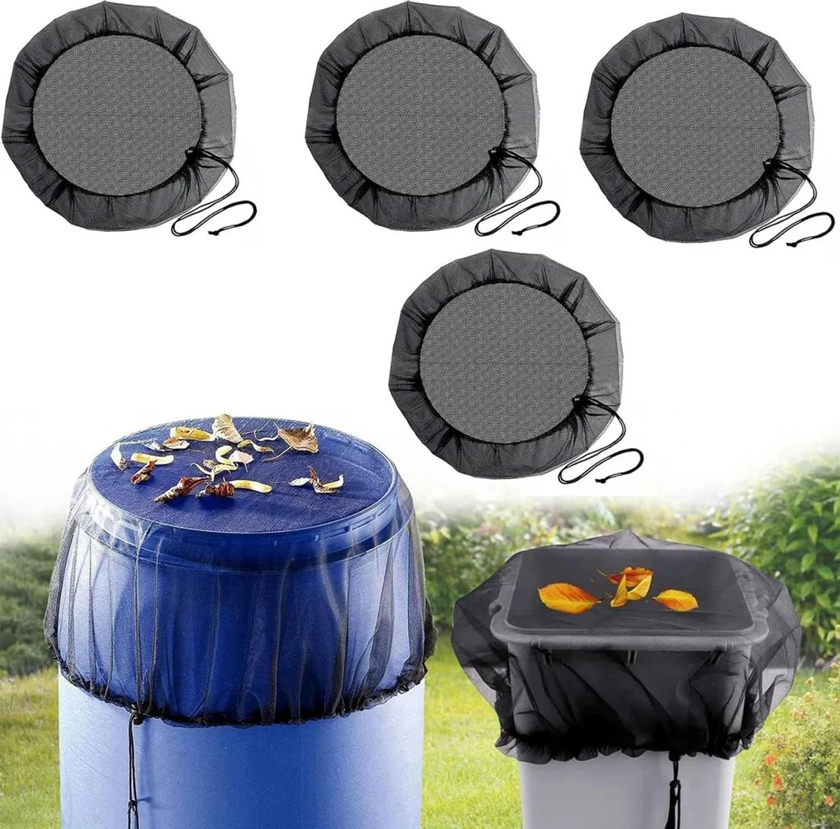 Vierdelige regennetset voor emmers, verstelbaar, nauwsluitend, met trekkoord, winddicht en mugdicht, voorkomt dat bladeren en insecten binnendringen, 60 cm.