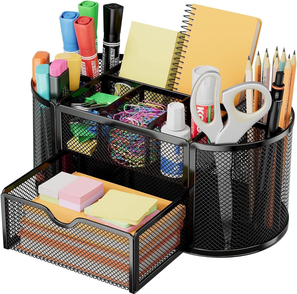 Bureau Organiser met 8 Vakken en Lade - Multifunctionele Bureau Organizer van Metaal - Ruimtebesparende Penhouder voor Kantoor, School en Thuis - Zwart