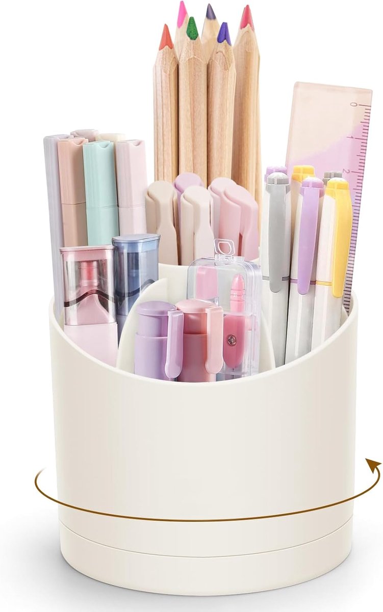Bureau Organiser met 360 Graden Rotatie - Scandinavische Pennenbak met 7 Vakken - Modern Bureau Accessoire voor Kantoor, School en Cosmetica - Roomwit