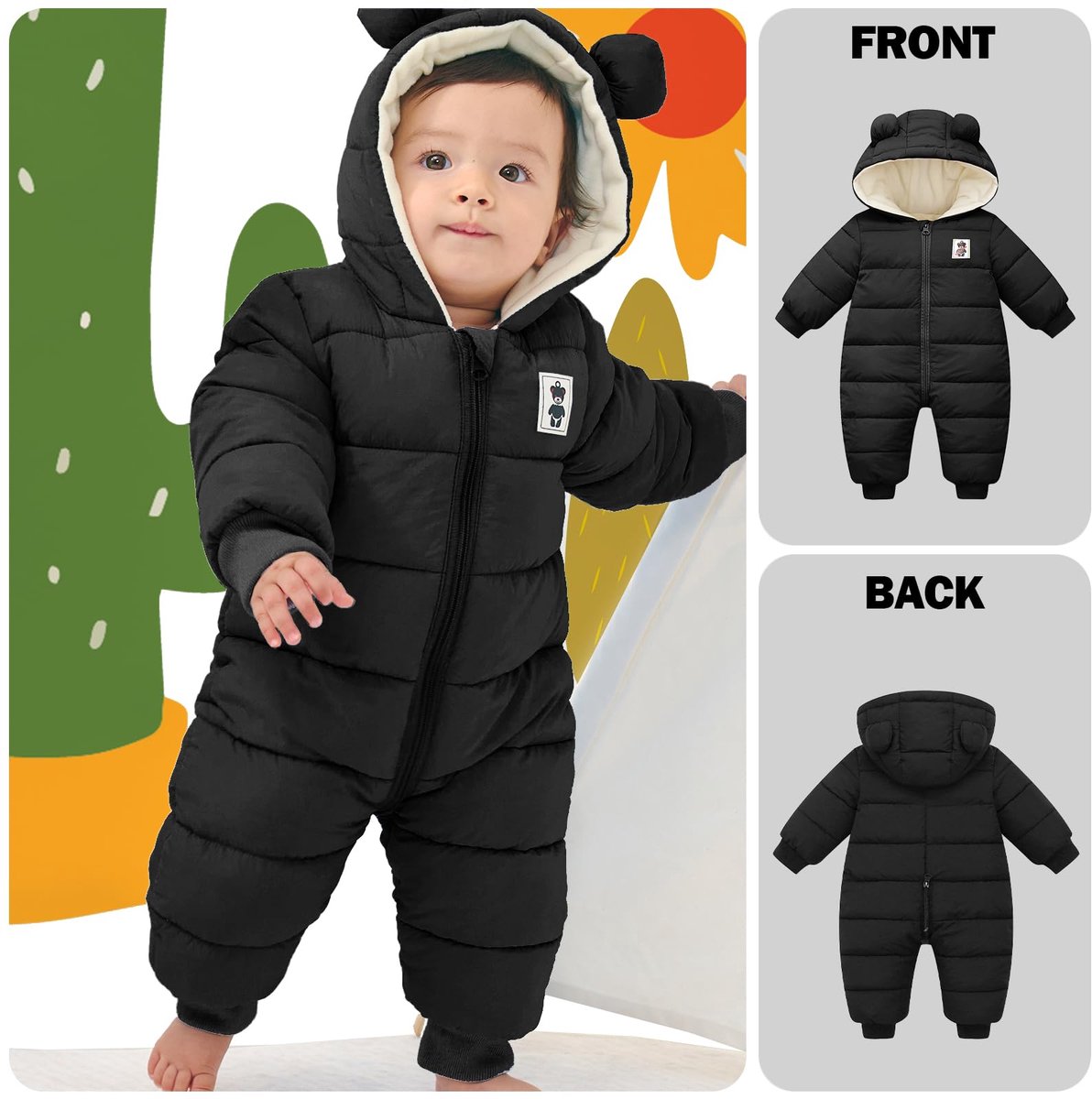 SnelShoppen - Babyspeelpakje met capuchon voor jongens en meisjes, warm fleece kruippakje, lange mouwen, eendelig pakje voor winter, zwart, 0-3 maande