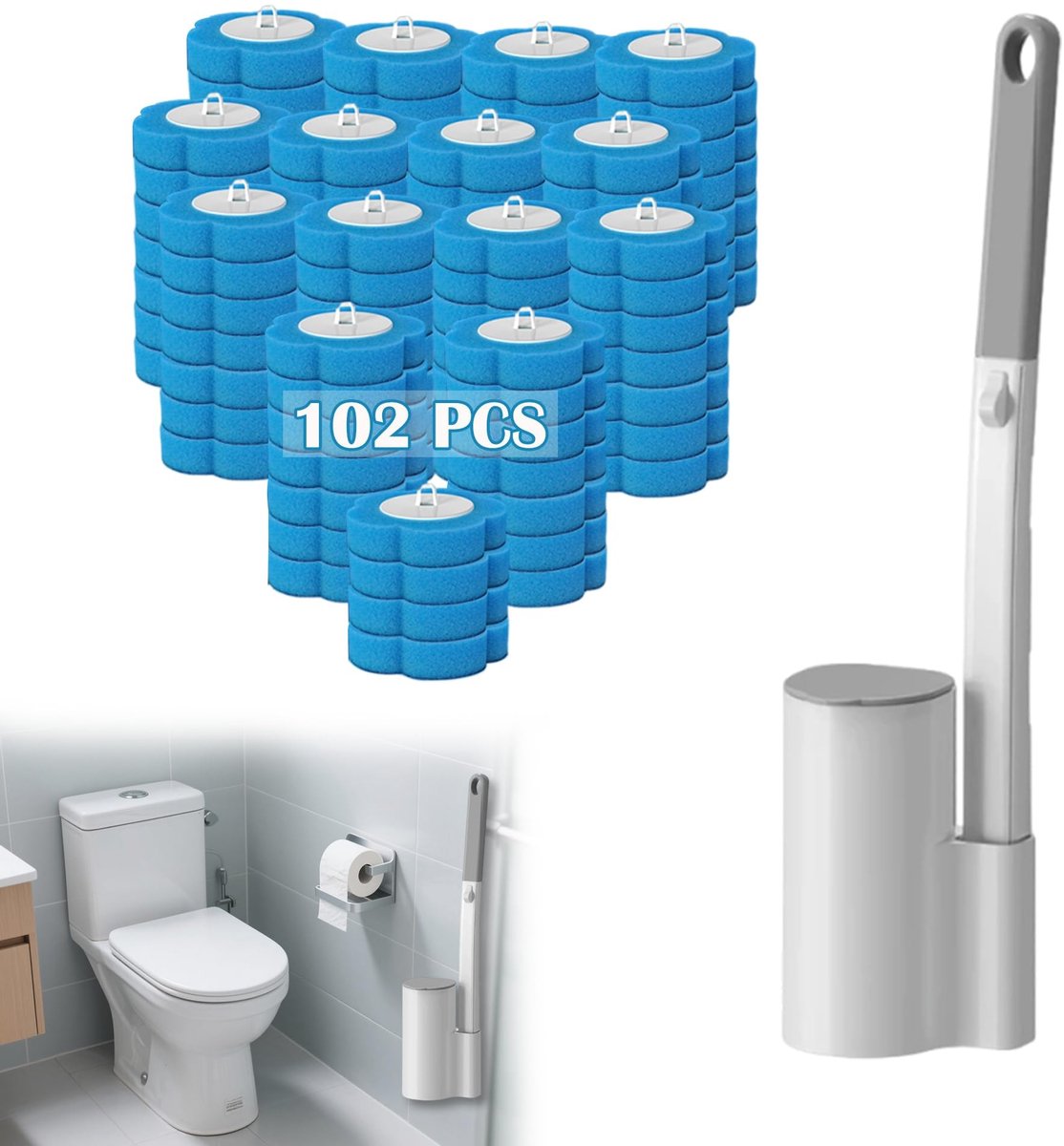 Dailygoods - Wegwerptoiletborstel Set met 102 Refillkoppen - Wandgemonteerd