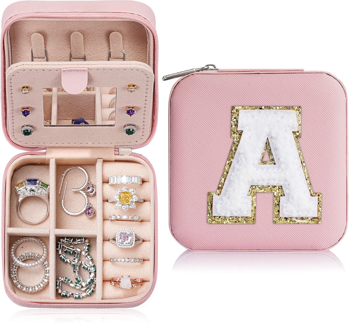 SnelShoppen - TINGN Sieraden Doos voor Meisjes, Reis Sieradenopslag, Roze Sieradenbox, Persoonlijke Letter A, Kids Sieraden Box, Kerstcadeau voor Vrou
