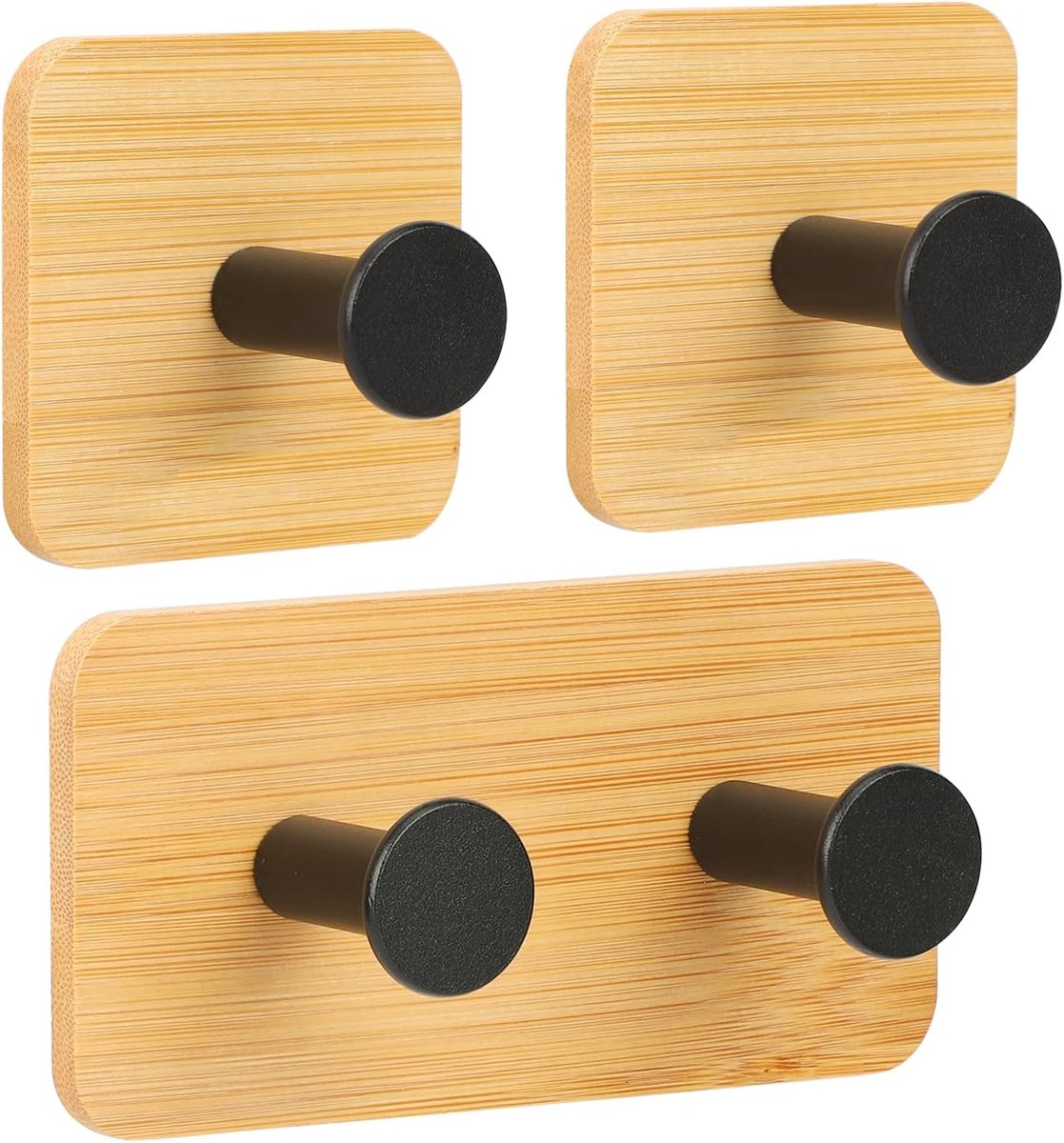 SnelShoppen - 3 Stuks Zelfklevende Bamboe Haken, Zwarte Wandhaken Zonder Boren, Sterke Adhesieve Haken voor Handdoeken, Hoeden, Sleutels, Duurzaam en