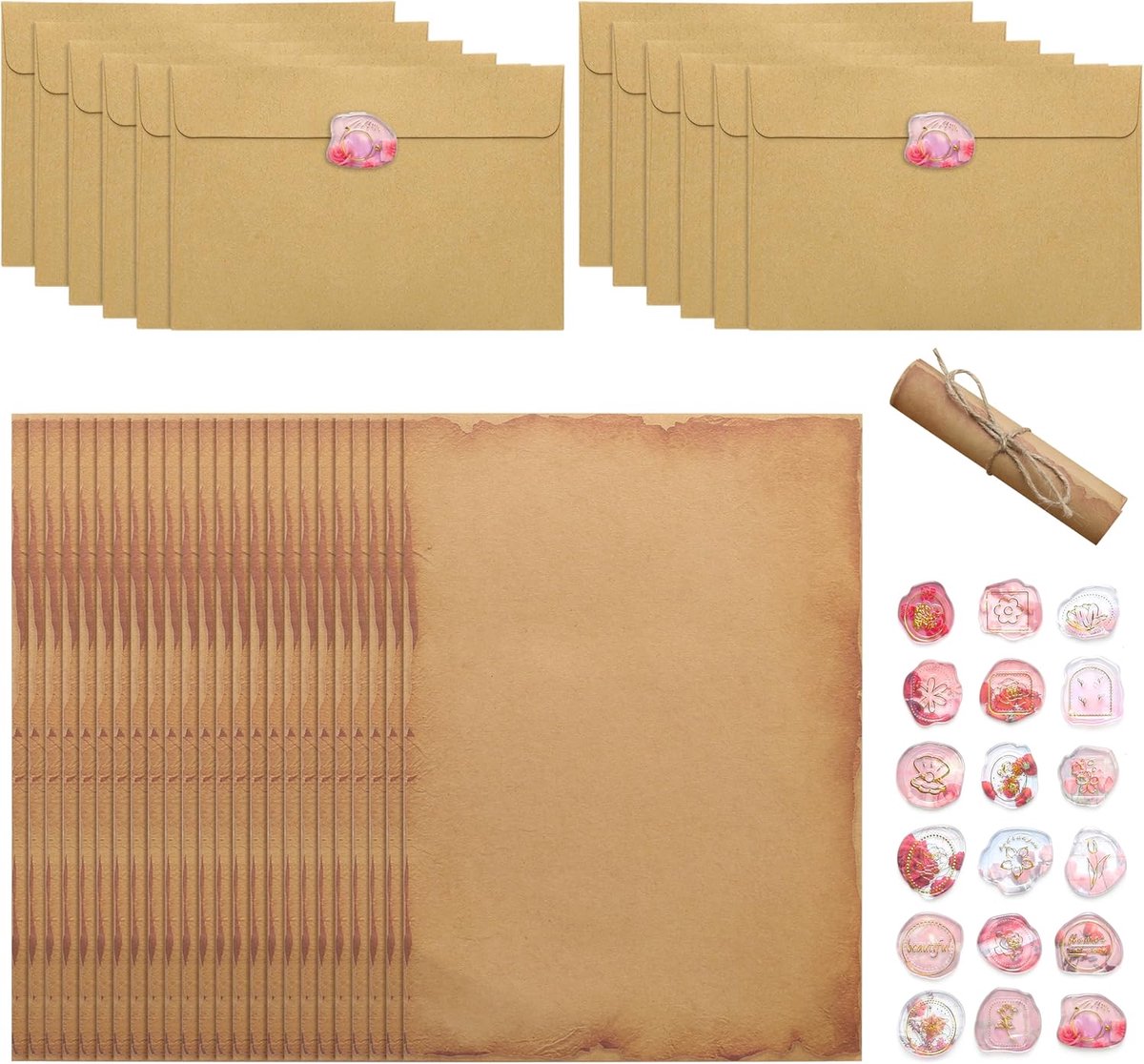 SnelShoppen - 54-delige Vintage Stationery Set met 12 Kraft Enveloppen, 24 A5 Vintage Papier en 18 Wax Seal Stickers voor Liefdesbrieven, Bruiloften e