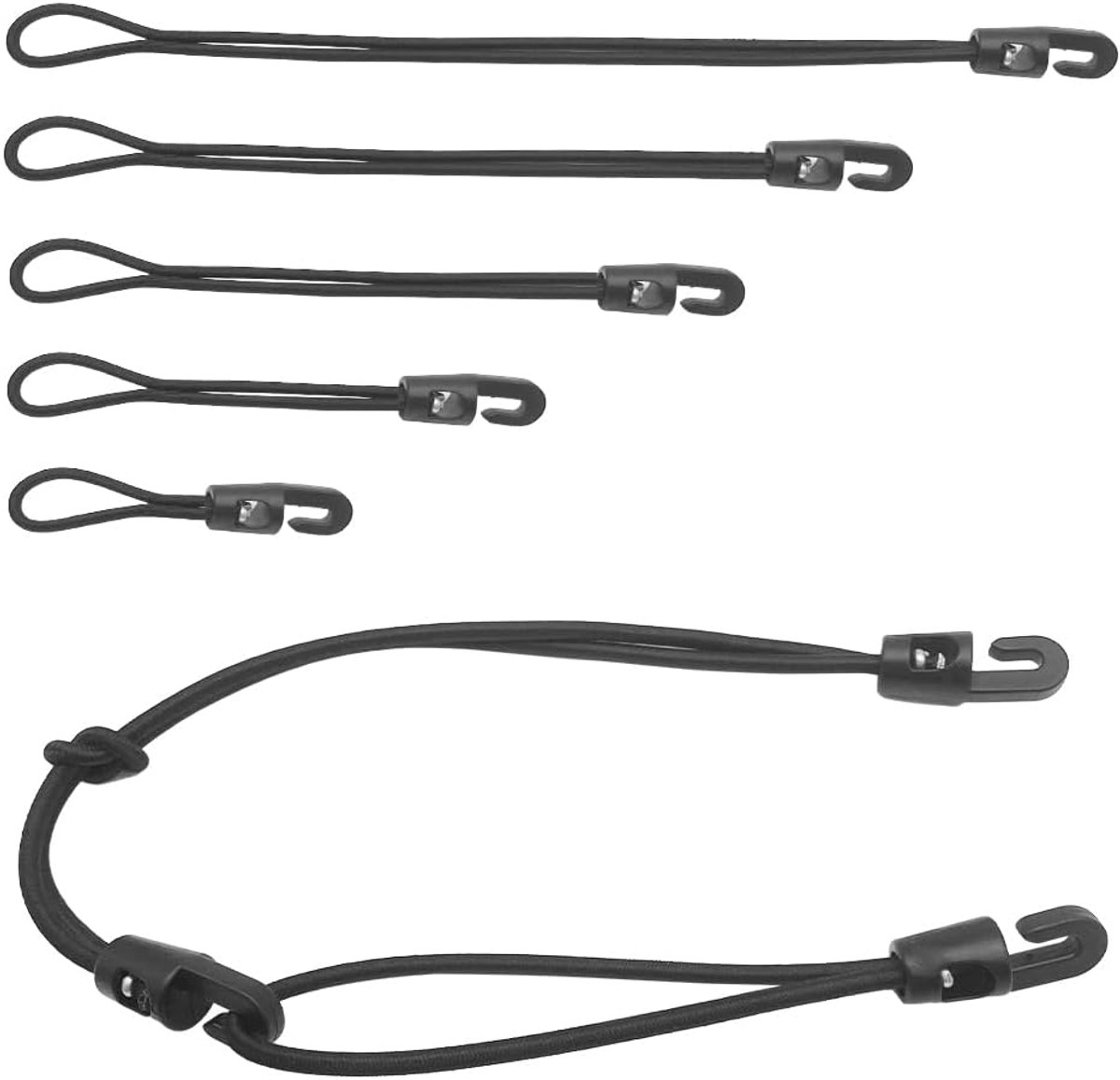 SnelShoppen - Bungee Belts 20pcs - 5 Maten Bungee Cords met Haken, Elastische Koorden voor Camping, Motorhome en Tuin (Zwart)