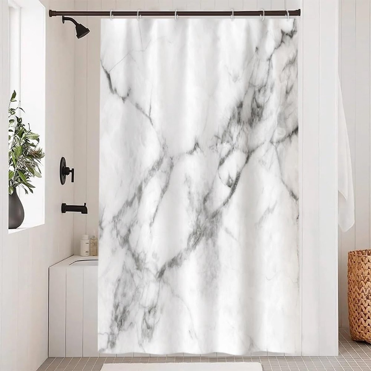 SnelShoppen - Douchegordijn Wit Grijs, Marmer Effect, Waterdicht, Schimmel- en Meeldauwbestendig, Polyester, 120x200cm, Inclusief Haakjes voor Badkame