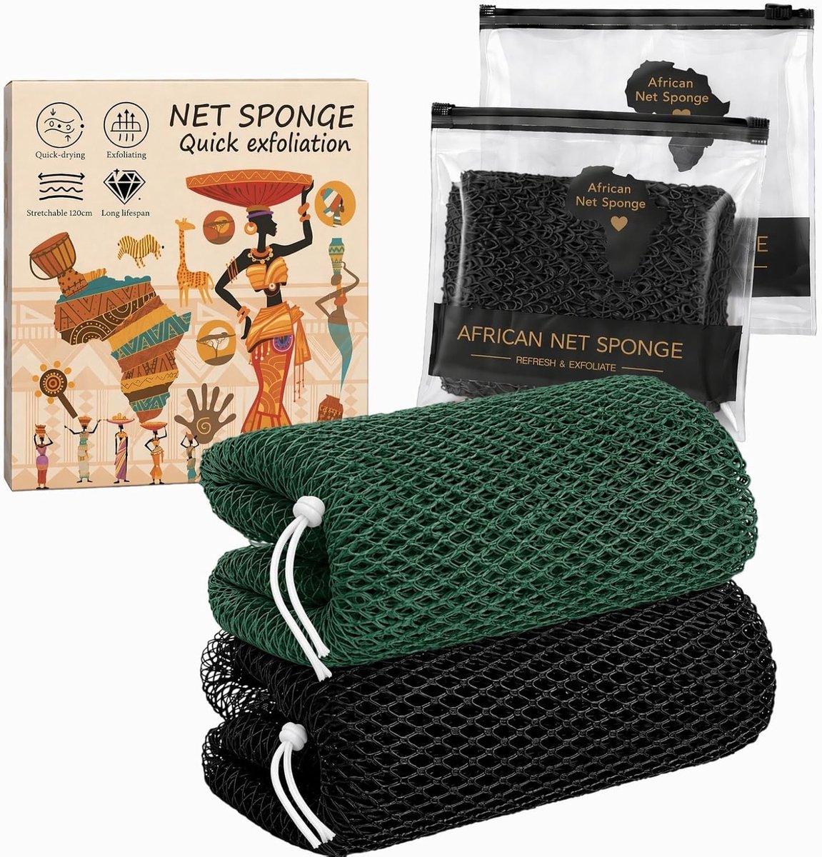 SnelShoppen - 2x Afrikaanse Netspons, Peeling-Netsponzen, Sneldrogend, Uittrekbaar tot 120 cm, Nylon, Dieptereiniging voor Lichaam en Rug, Groene en Z