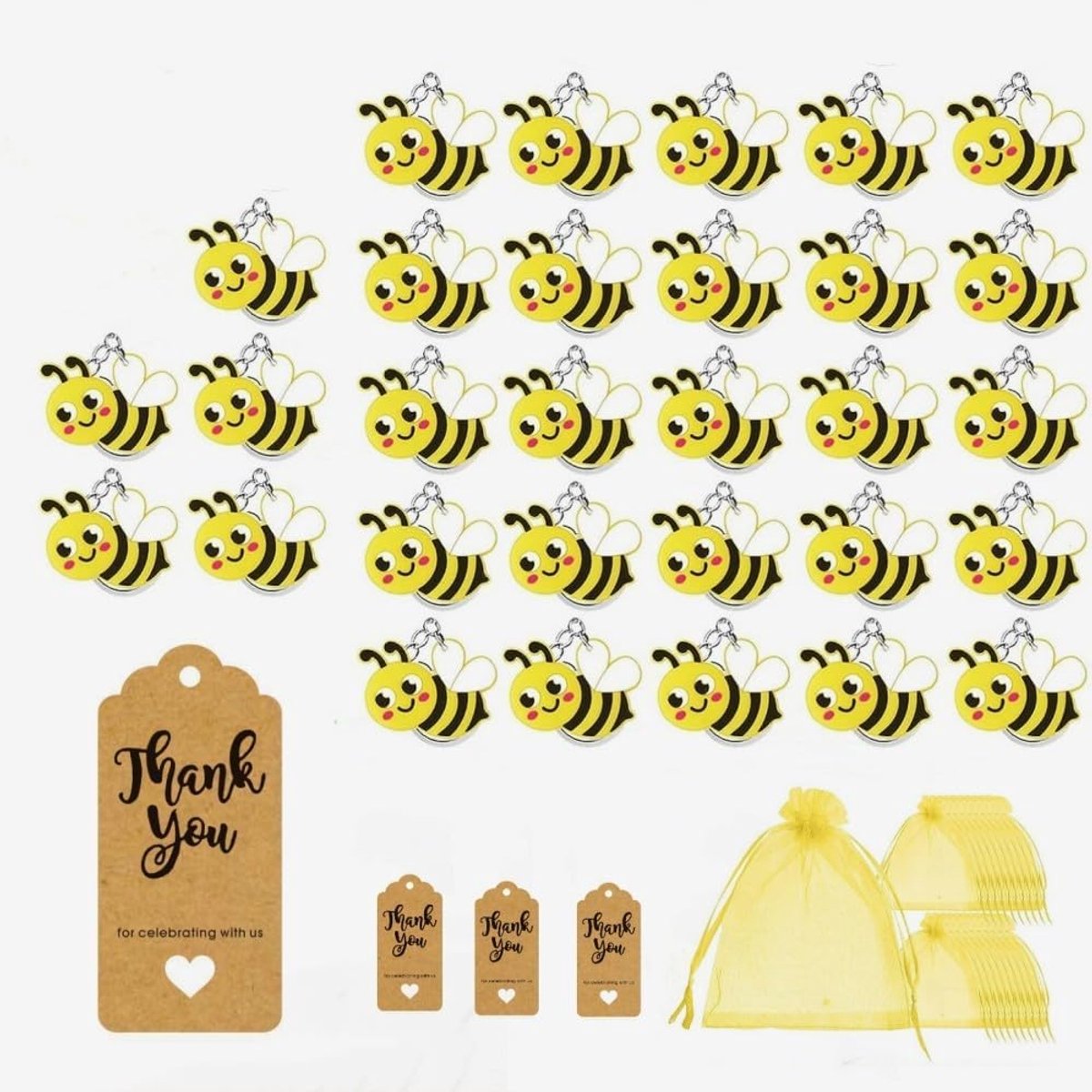 SnelShoppen - 30 Pcs Mini Sleutelhangers, Bij Sleutelhangers, Dieren Sleutelhangers met Kraft Papier Pendant en Gele Organza Tas, Dieren Cadeaus voor