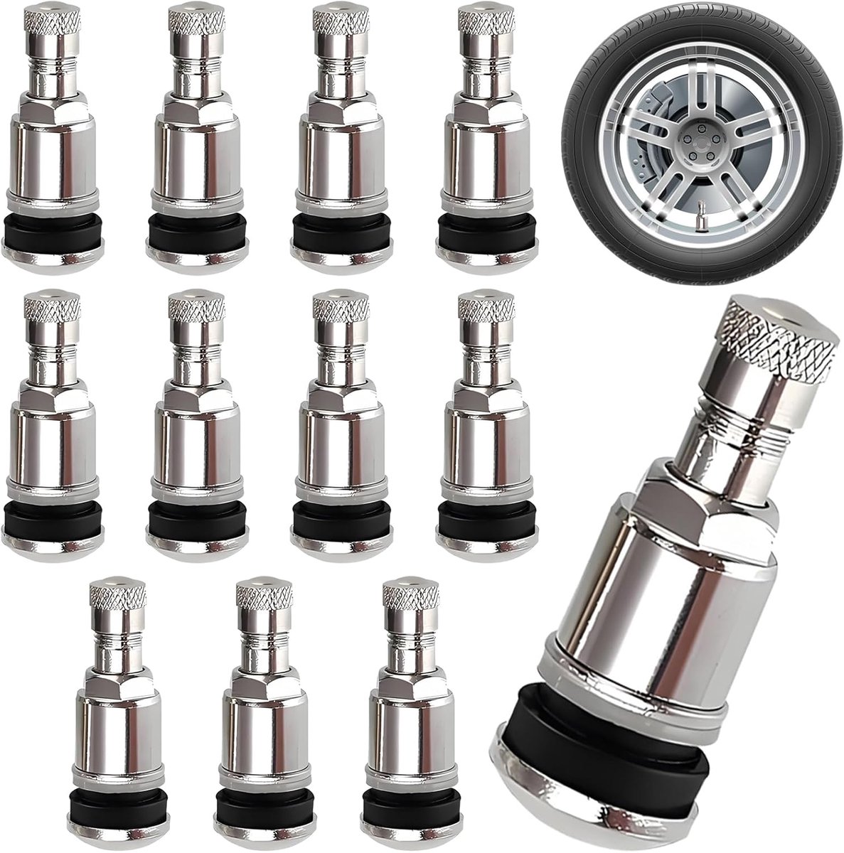 SnelShoppen - Pack van 12 metalen bandventielen 11.3 mm voor auto, motor en fiets - zilver, hoogwaardig, duurzaam, ideaal voor tubeless banden