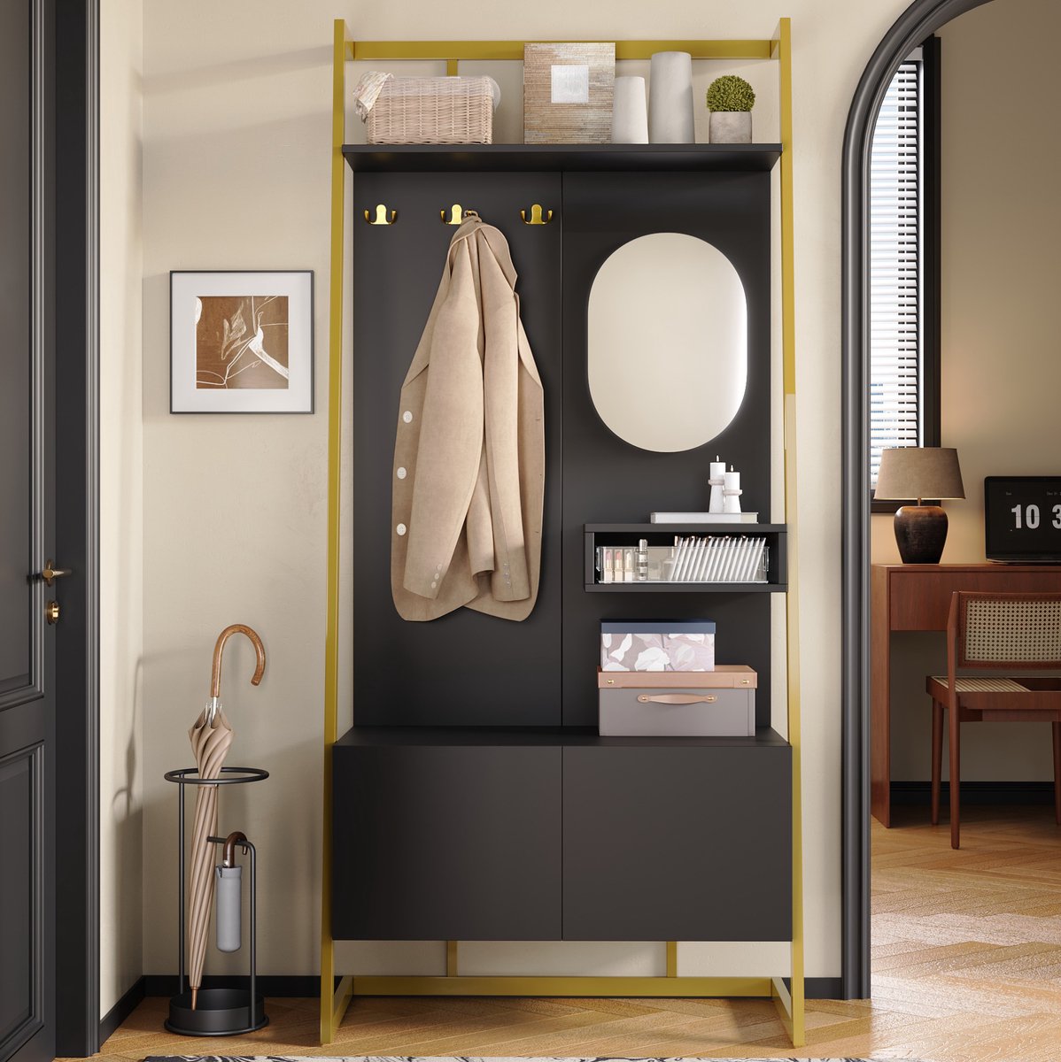COVREO Kledingrek 78x38,5x180,5 cm – zwart, MDF en metaal, met spiegel en opbergruimte