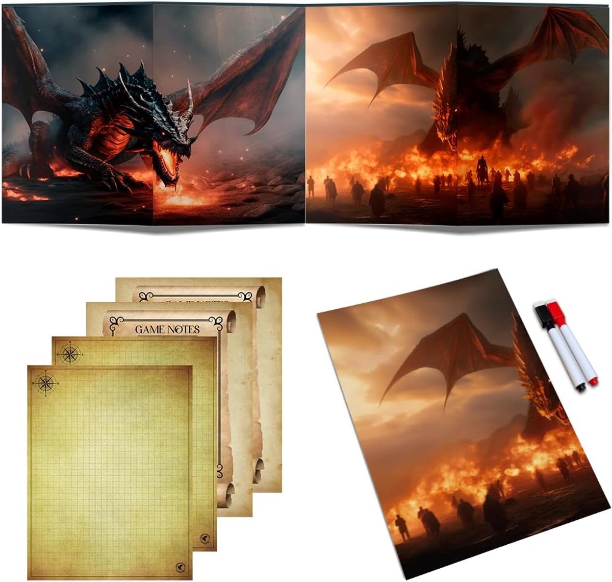 SnelShoppen - Dungeon Master DM Screen Set voor Dungeons and Dragons, D&D 5e, DND, inclusief 2 rubberpennen, 2 kaarten en 2 instructiebladen