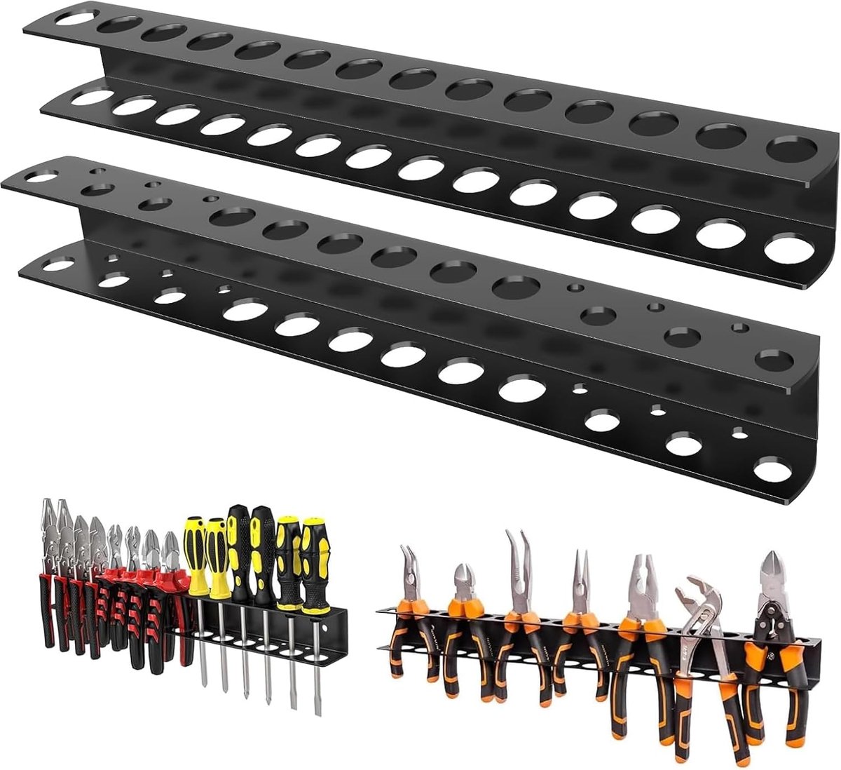 SnelShoppen - Pack van 2, 40 cm wandorganiser, 14-delige houten wandsteun set, zwart, ideaal voor gereedschap, hobby en ruimtebesparing