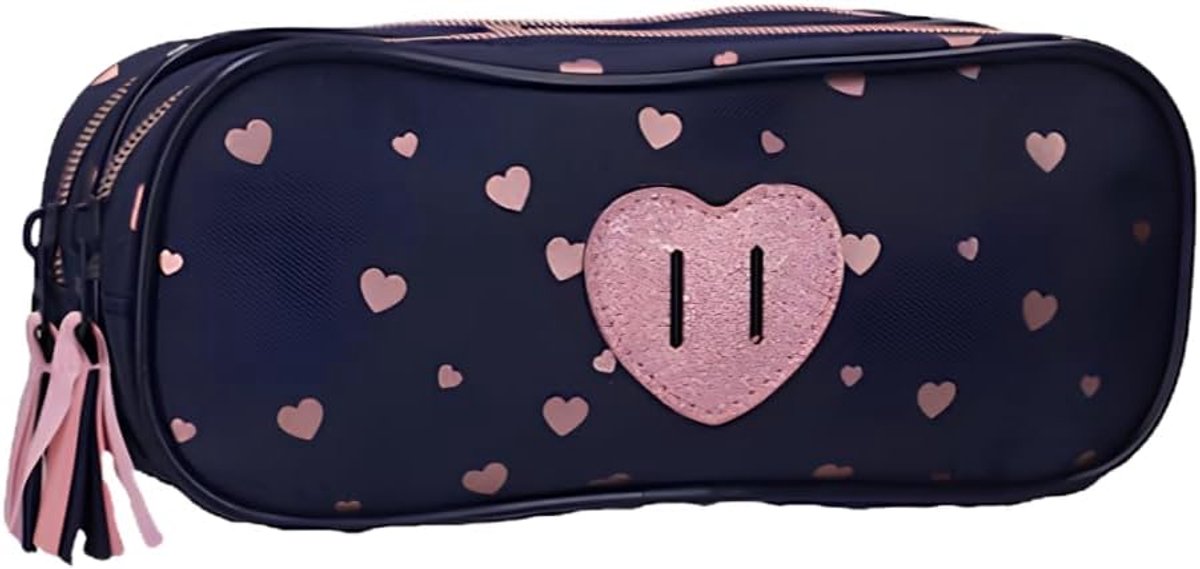 SnelShoppen - Etui met 2 Vakken, Hartjes Design, Blauw, 22 cm - Duurzaam Schoolmateriaal voor Kinderen, Perfect voor Pennen en Potloden