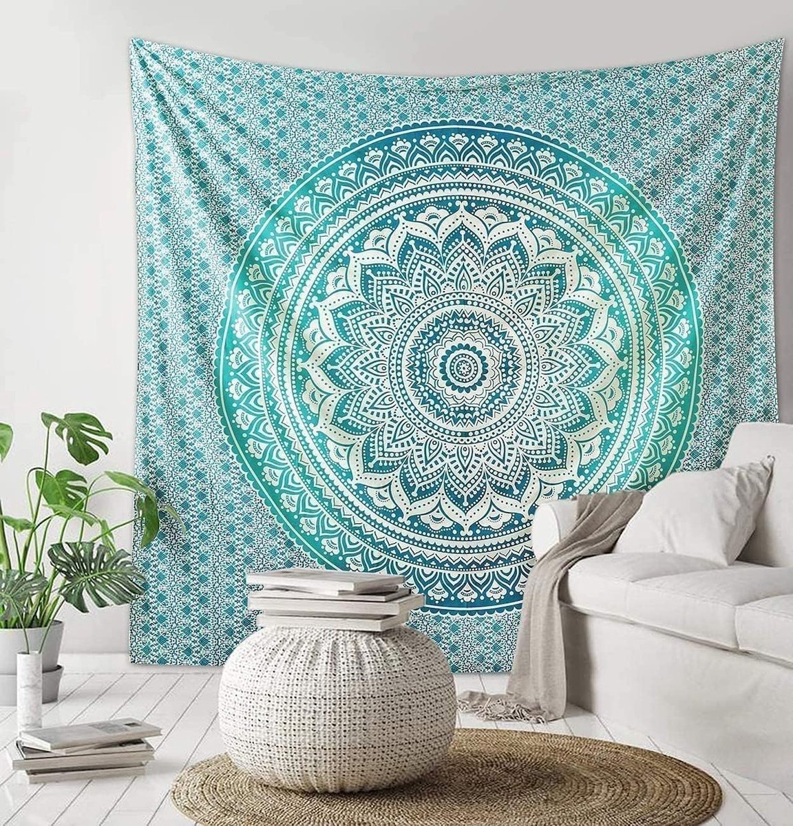 SnelShoppen - Large Green Ombre Mandala Tapestry Wanddecoratie 210x220 CM van 100% Organic Cotton - Hippie Boho Decor voor Yoga, Meditatie, Strand en