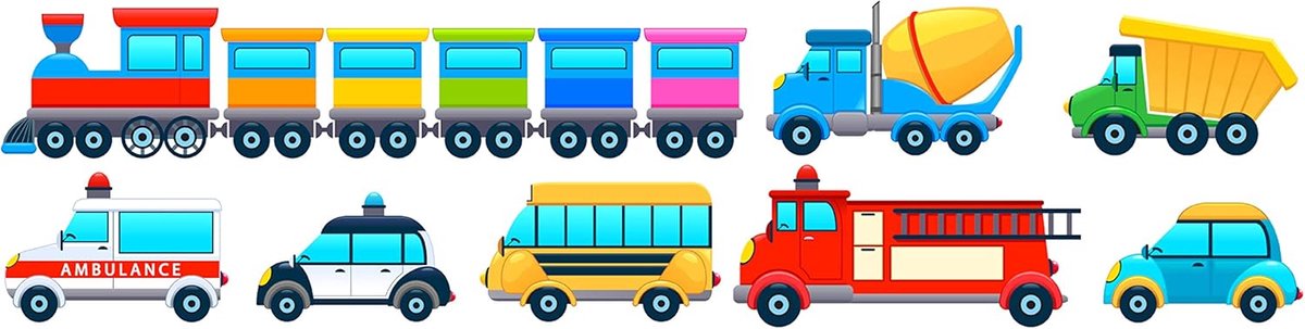 SnelShoppen - Wandsticker Auto's voor Kinderkamer - 88 cm x 22 cm - Hoogwaardige Kindermotieven - Vuurwagen, Afvalwagen, Bus - Decoratieve Sticker voo
