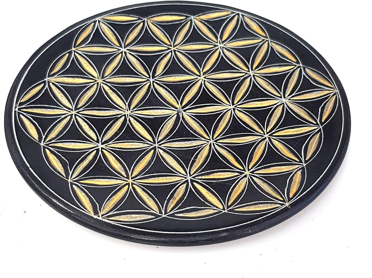 SnelShoppen - Incense Stick Holder Flower of Life Ø10 cm Rond, Zwart Grijs, Handgegraveerd, Soapstone, Rookhouder, Aromatherapie, Meditatie, Yoga Acce