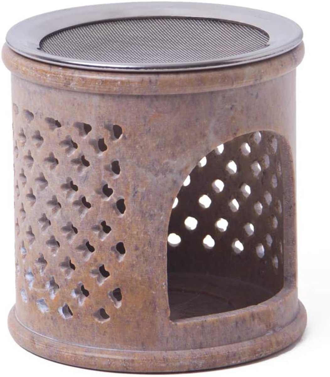 SnelShoppen - Incense Burner Bombay - Handgemaakte Softstone Geurbrander met Roestvrijstalen Zeef - Sterrenpatroon - Geschikt als Windlicht en Geurlic