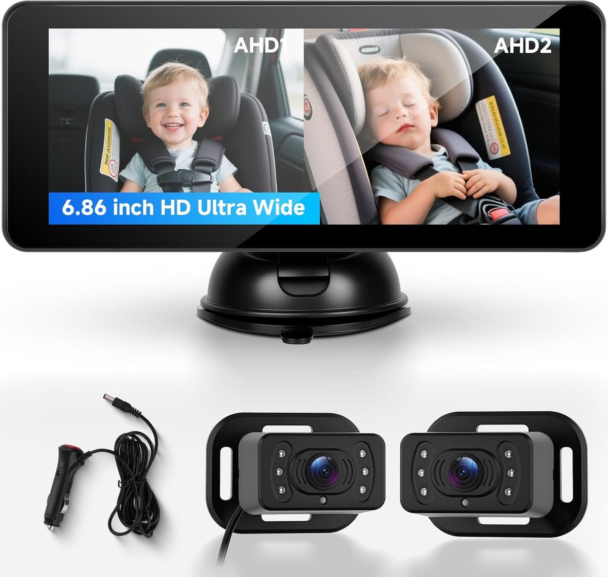 SnelShoppen - Dual Car Camera voor 2 Kinderen, 6.86 Inch IPS Split Screen, HD Nachtzicht, 360° Draaibare Veiligheidscamera voor Kinderen en Huisdieren