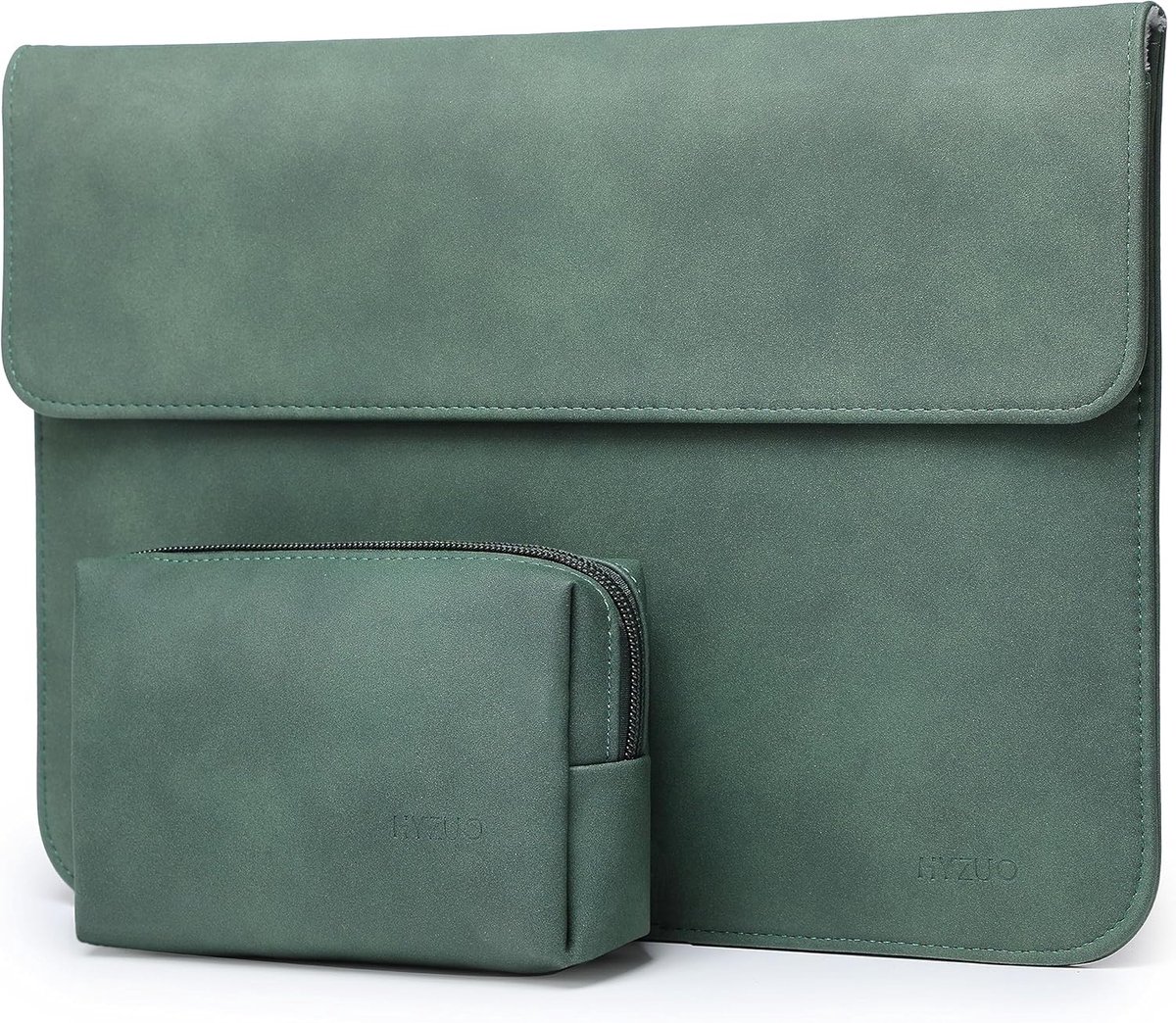SnelShoppen - 15 Inch Laptop Sleeve voor MacBook Air 15.3, MacBook Pro 15, Surface Laptop 15 - Faux Leather, Midnight Green-H met Kleine Pocket
