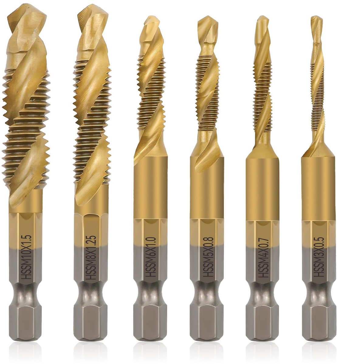 SnelShoppen - 6-Delige Draad Snijden Set, HSS Draadboor Set M3, M4, M5, M6, M8, M10, 1/4 Inch, Metric Hex Shank, Draadboor voor Hout, Metaal en Kunsts
