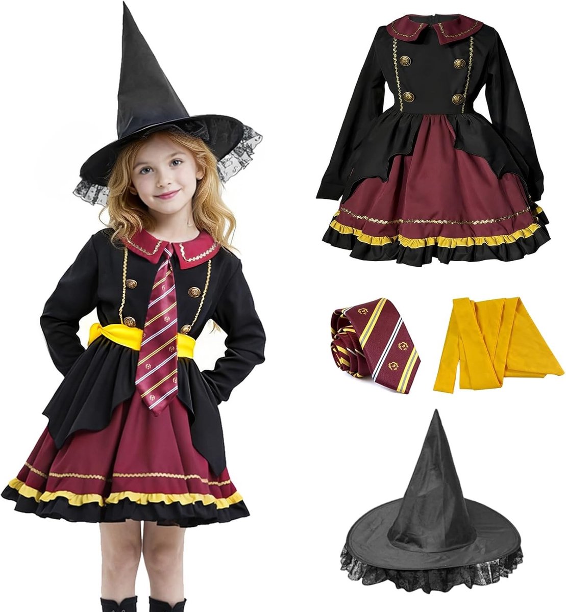 Zwarte Lolita Jurk Cosplay Kostuum met Toverhoed, Gestreepte Stropdas en Magische Tovenaarsstok voor Volwassenen en Vrouwen voor Halloween en Carnaval Feestjes