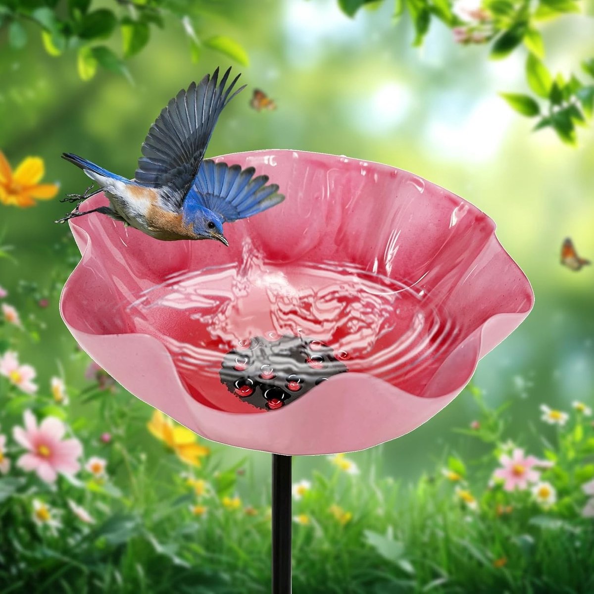 Stijlvol metalen vogelbad met bloemenschaal, ideaal als bijenbad en insectenbak voor tuin en balkon, perfect voor buiten decoratie en natuurvriendelijke tuinen (roze/1 stuk)