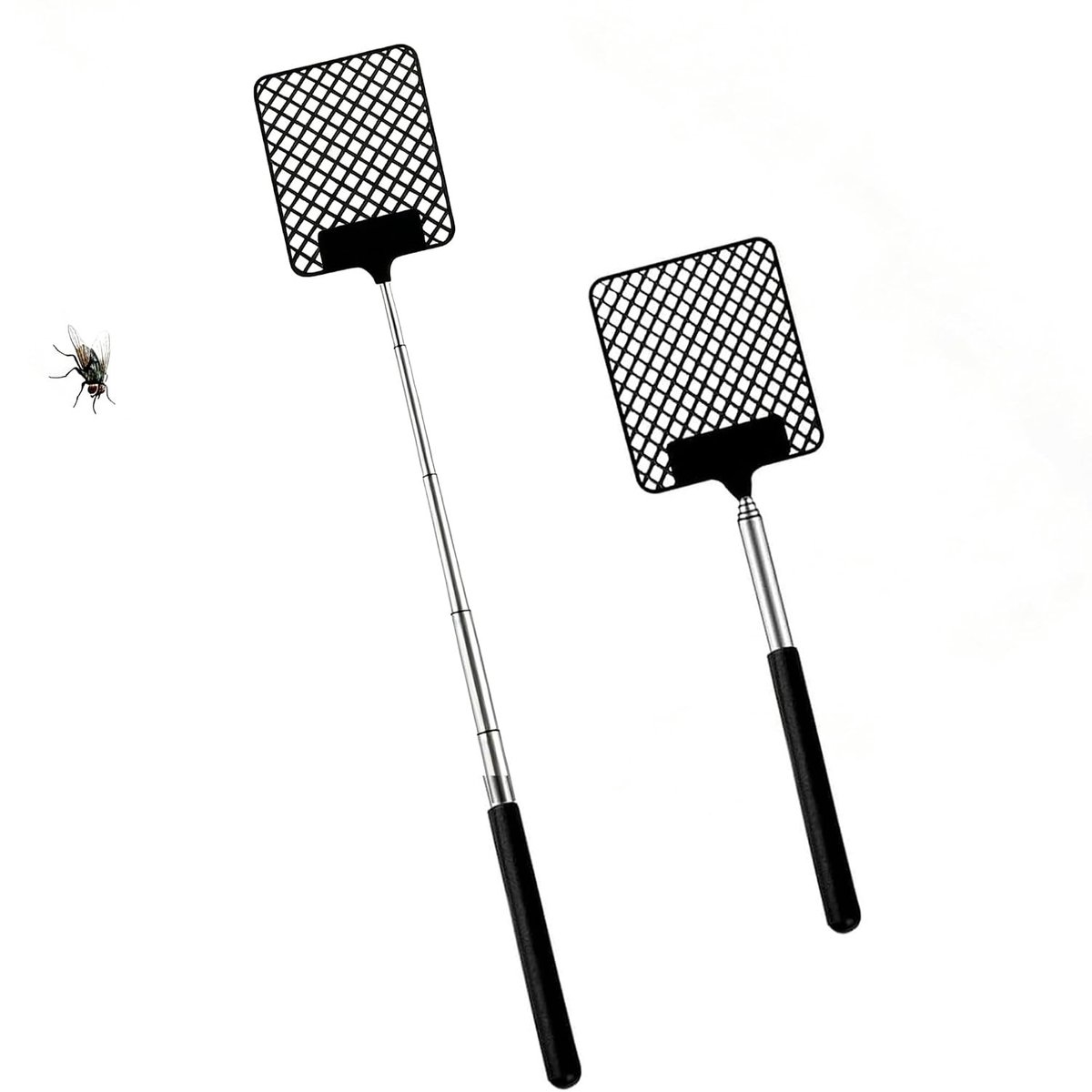 Uitschuifbare vliegenmepper 2-delig, effectief insectenbestrijdingsmiddel van roestvrij staal en kunststof, ideaal voor thuisgebruik en tuinactiviteiten