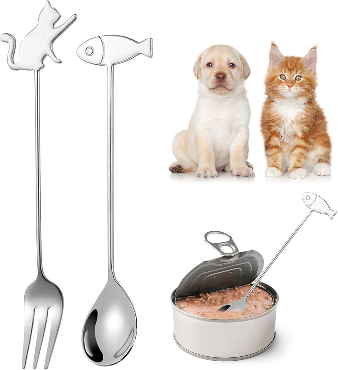 Honden- en kattenvoeding lepelset, 2 stuks, schattige roestvrijstalen vork en lepel voor natvoer, ideaal voor huisdieren