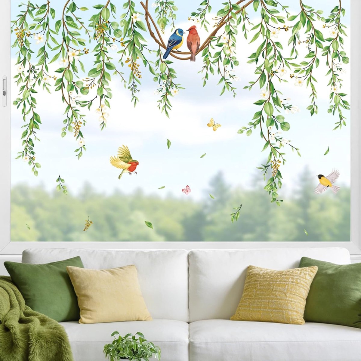 SnelShoppen - Raamstickers Lente Groen Bladeren en Vogels - Herbruikbare Zelfklevende Raamafbeeldingen - Anti-botsing Decor voor Ramen, Vitrines, Spie