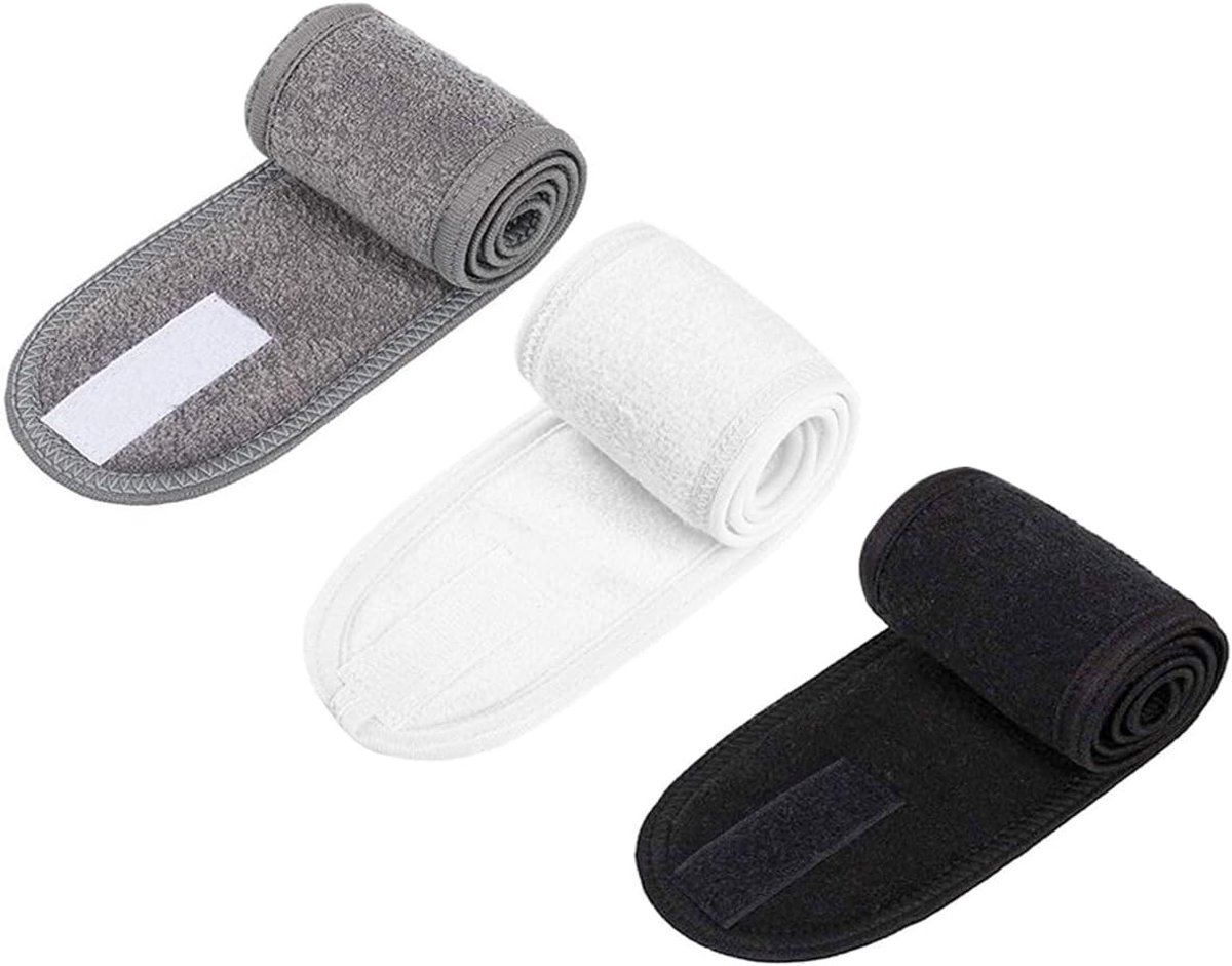 Set van 3 Verstelbare Make-up Hoofdbanden, Elastische Handdoek met Magische Tape voor Gezichtsreiniging (Wit, Grijs en Zwart) - Ideaal voor Make-up, Haarstyling en Spa Gebruik