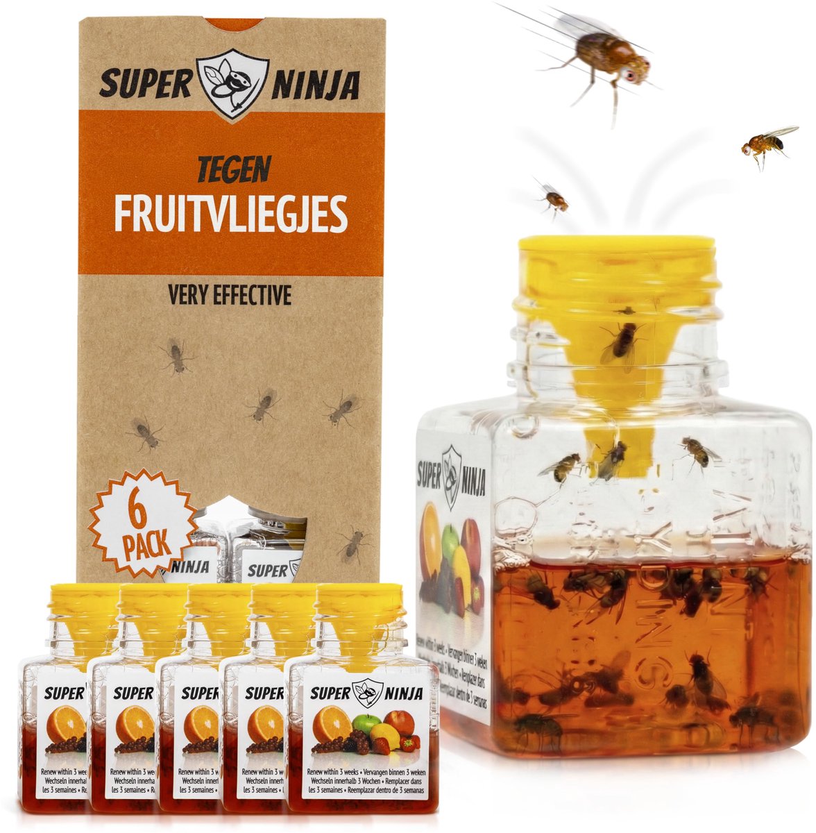 SnelShoppen - Super Ninja Fruitvliegjes Vanger voor Binnen - 6 Stuks, Effectieve Fruitvliegenval voor Huis & Keuken, Kind- & Huisdiervriendelijk, Tot
