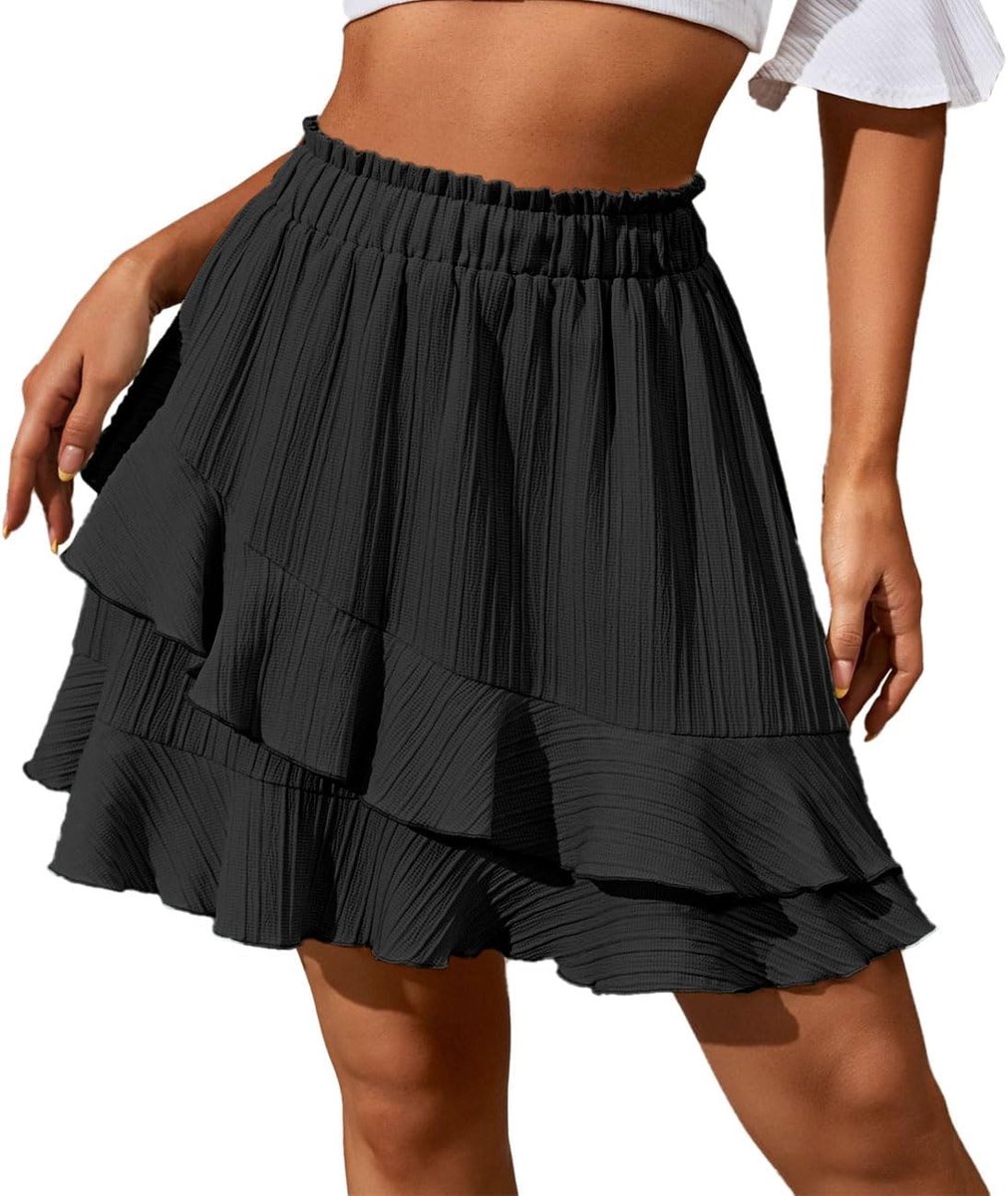Irregulaire Geplooide Boho Rok voor Dames met Hoge Taille, Korte Mini Skater Rok, Perfect voor Feestjes en Zomeruitjes, Zwart, Maat S-L