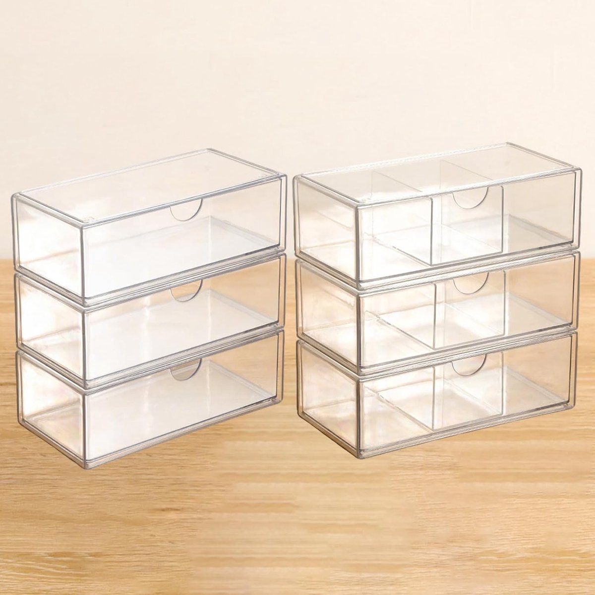 Set van 6 Transparante Ladeorganizers voor Badkamer en Make-up Tafel - Stapelbare Acryl Opbergdozen voor Make-up en Cosmetica, Afmetingen 10 x 20,5 x 7 cm